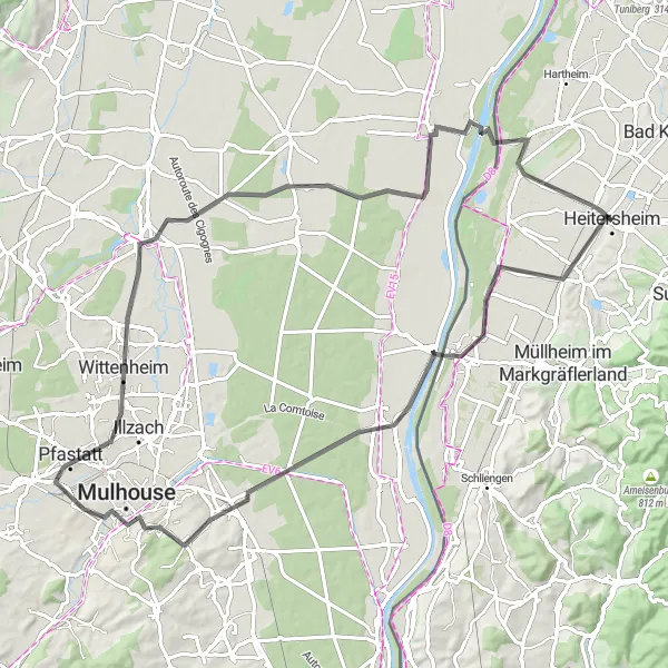 Map miniature of "The Mulhouse Adventure" cycling inspiration in Freiburg, Germany. Generated by Tarmacs.app cycling route planner