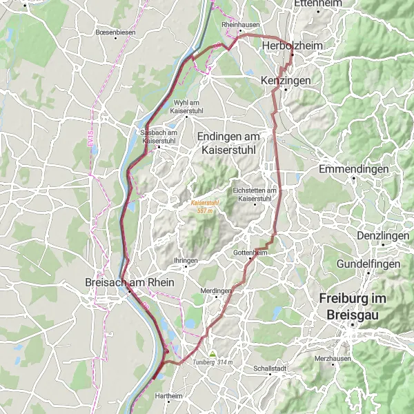 Map miniature of "The Gravel Adventure at Kaiserstuhl" cycling inspiration in Freiburg, Germany. Generated by Tarmacs.app cycling route planner