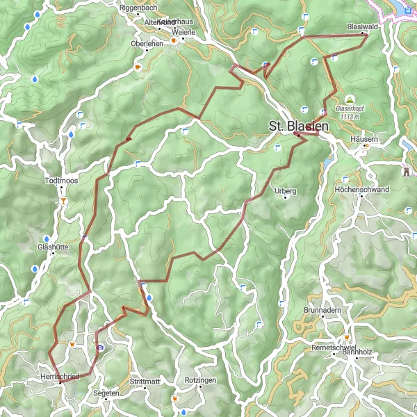 Map miniature of "Gravel Adventure to the Forests" cycling inspiration in Freiburg, Germany. Generated by Tarmacs.app cycling route planner