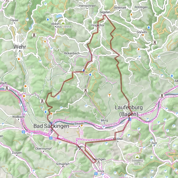 Map miniature of "Hidden Gems of Laufenburg" cycling inspiration in Freiburg, Germany. Generated by Tarmacs.app cycling route planner
