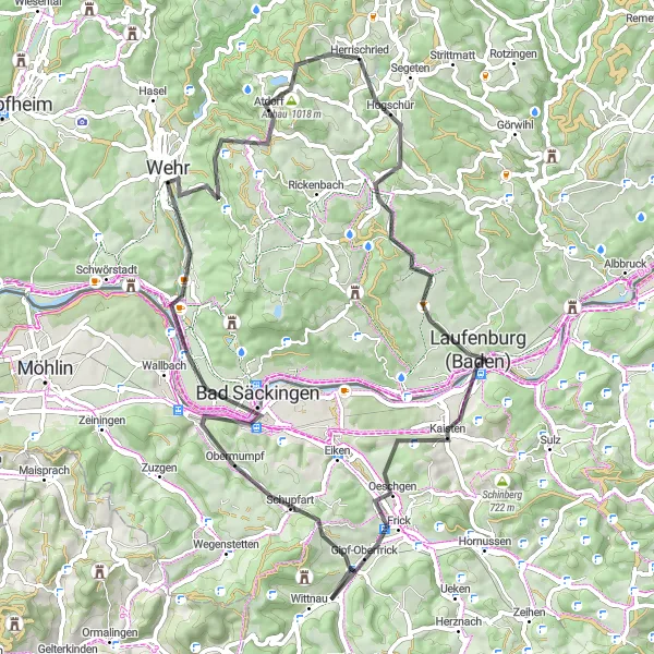 Map miniature of "Frick Valley Adventure" cycling inspiration in Freiburg, Germany. Generated by Tarmacs.app cycling route planner