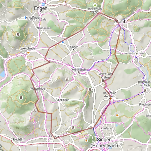 Karten-Miniaturansicht der Radinspiration "Kurze Graveltour um Hilzingen" in Freiburg, Germany. Erstellt vom Tarmacs.app-Routenplaner für Radtouren