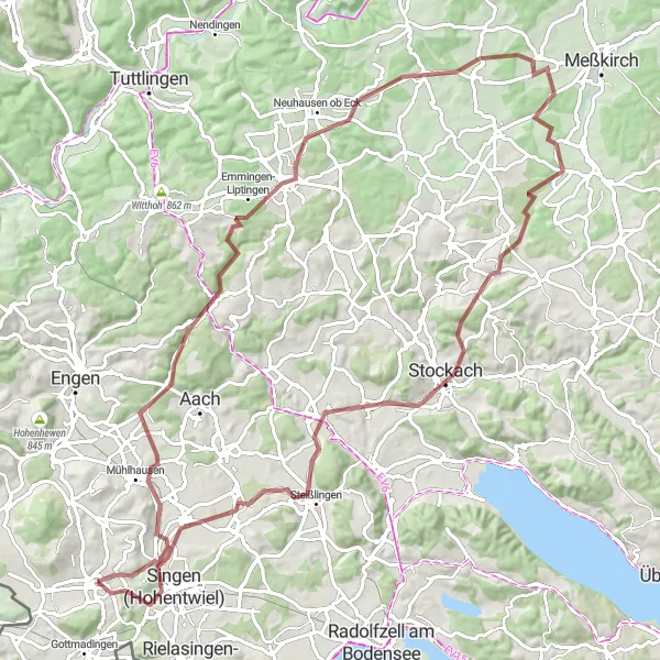 Karten-Miniaturansicht der Radinspiration "Gravel-Abenteuer in der Nähe von Hilzingen" in Freiburg, Germany. Erstellt vom Tarmacs.app-Routenplaner für Radtouren