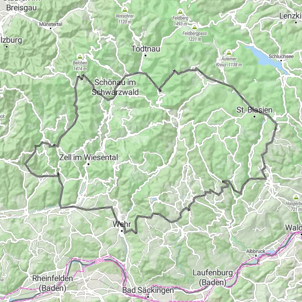 Karten-Miniaturansicht der Radinspiration "Panoramastraßen der Schwarzwaldhöhen" in Freiburg, Germany. Erstellt vom Tarmacs.app-Routenplaner für Radtouren