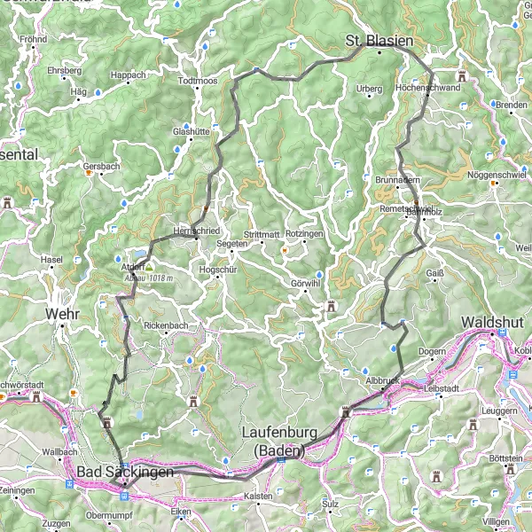 Map miniature of "The Great Black Forest Tour" cycling inspiration in Freiburg, Germany. Generated by Tarmacs.app cycling route planner