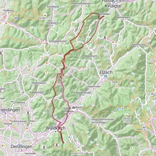 Karten-Miniaturansicht der Radinspiration "Kurze Graveltour um Hofstetten" in Freiburg, Germany. Erstellt vom Tarmacs.app-Routenplaner für Radtouren