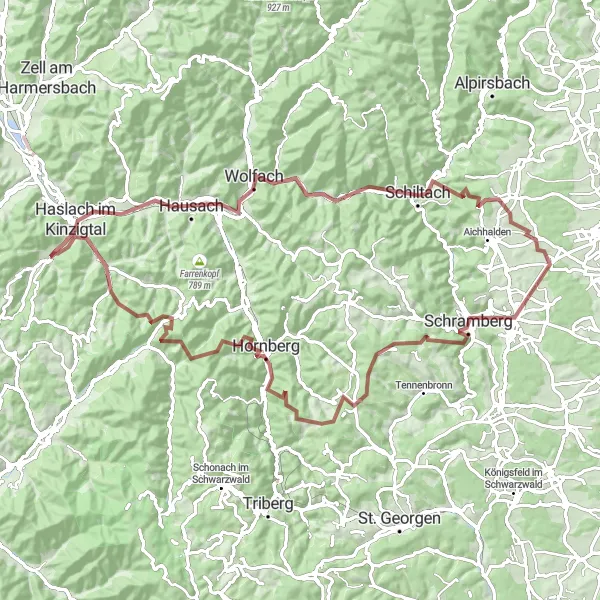 Map miniature of "The Kinzigtal Loop" cycling inspiration in Freiburg, Germany. Generated by Tarmacs.app cycling route planner