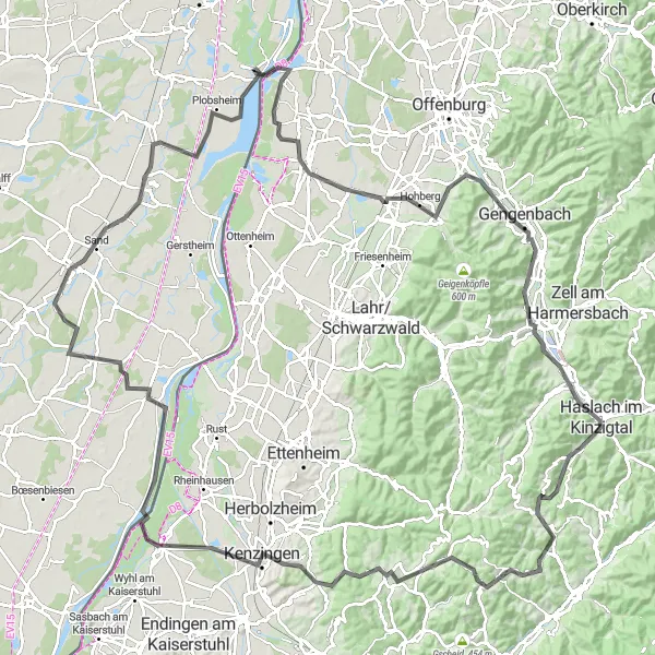 Map miniature of "Fahr to Erstein" cycling inspiration in Freiburg, Germany. Generated by Tarmacs.app cycling route planner