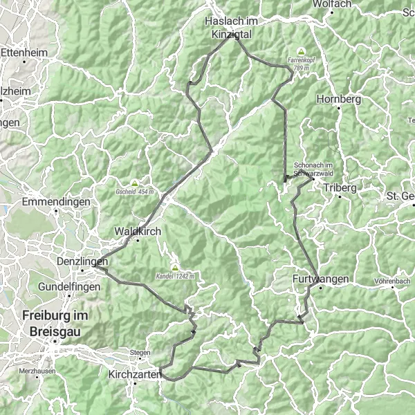 Map miniature of "Challenging Road Climbs near Hofstetten" cycling inspiration in Freiburg, Germany. Generated by Tarmacs.app cycling route planner