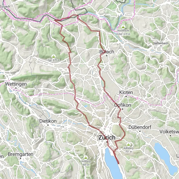 Map miniature of "The Ultimate Gravel Challenge to Zurich" cycling inspiration in Freiburg, Germany. Generated by Tarmacs.app cycling route planner