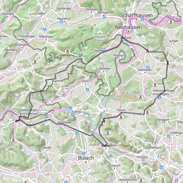 Map miniature of "The Scenic Road Journey to Rhine Falls" cycling inspiration in Freiburg, Germany. Generated by Tarmacs.app cycling route planner