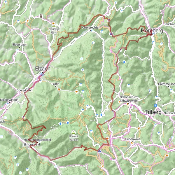 Map miniature of "The Elzach Escape" cycling inspiration in Freiburg, Germany. Generated by Tarmacs.app cycling route planner