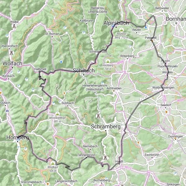 Map miniature of "Historic Villages and Scenic Roads" cycling inspiration in Freiburg, Germany. Generated by Tarmacs.app cycling route planner