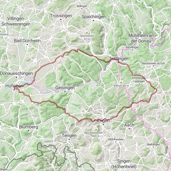 Karten-Miniaturansicht der Radinspiration "Herausforderung Gravel: Von Hüfingen nach Sumpfohren" in Freiburg, Germany. Erstellt vom Tarmacs.app-Routenplaner für Radtouren