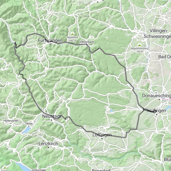 Karten-Miniaturansicht der Radinspiration "Bräunlingen und Dreitälerblick Route" in Freiburg, Germany. Erstellt vom Tarmacs.app-Routenplaner für Radtouren