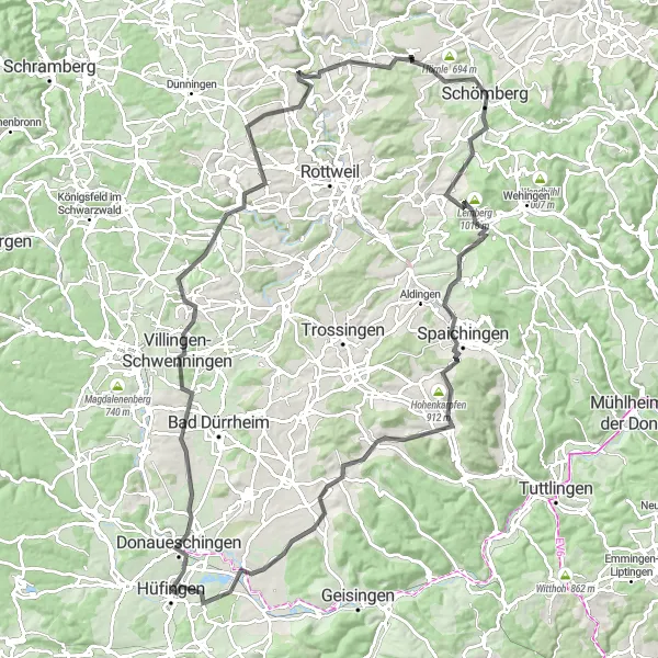 Karten-Miniaturansicht der Radinspiration "Hüfingen und Rundfahrt bis Wochenberg" in Freiburg, Germany. Erstellt vom Tarmacs.app-Routenplaner für Radtouren