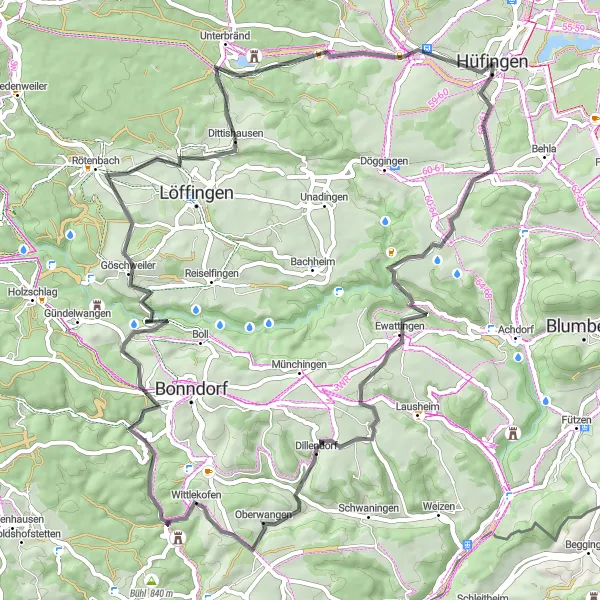 Karten-Miniaturansicht der Radinspiration "Aussichtsreich und anspruchsvoll: Von Hüfingen nach Bräunlingen" in Freiburg, Germany. Erstellt vom Tarmacs.app-Routenplaner für Radtouren