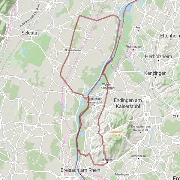 Map miniature of "Humberg and Eichberg Gravel Ride" cycling inspiration in Freiburg, Germany. Generated by Tarmacs.app cycling route planner