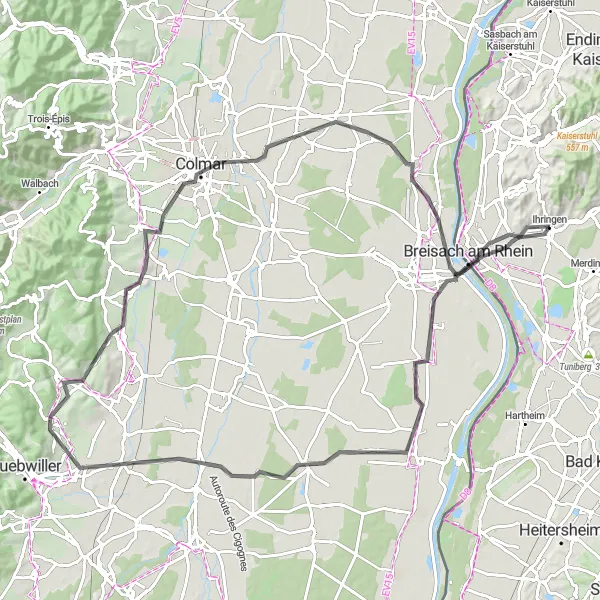 Map miniature of "Road Cycling Adventure around Ihringen" cycling inspiration in Freiburg, Germany. Generated by Tarmacs.app cycling route planner