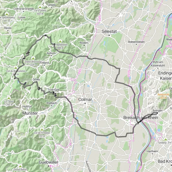 Map miniature of "Epic Road Adventure: Eckartsberg to Ihringen" cycling inspiration in Freiburg, Germany. Generated by Tarmacs.app cycling route planner