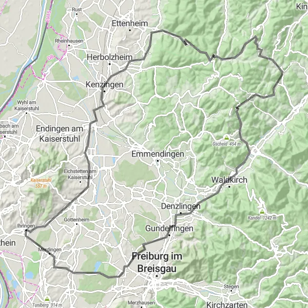 Map miniature of "Kaiserstuhl Road Tour: Eichstetten to Ihringen" cycling inspiration in Freiburg, Germany. Generated by Tarmacs.app cycling route planner