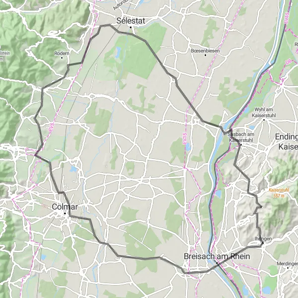 Map miniature of "Alsace Wine Route" cycling inspiration in Freiburg, Germany. Generated by Tarmacs.app cycling route planner