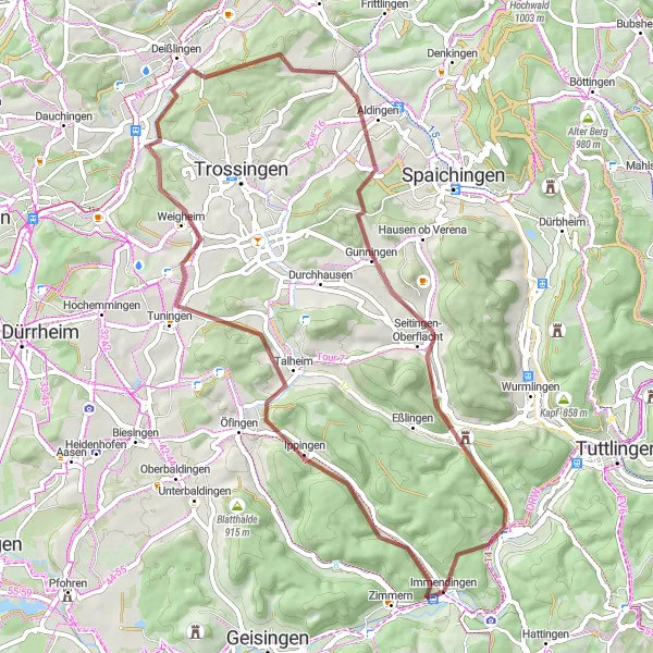Map miniature of "The Gravel Exploration" cycling inspiration in Freiburg, Germany. Generated by Tarmacs.app cycling route planner
