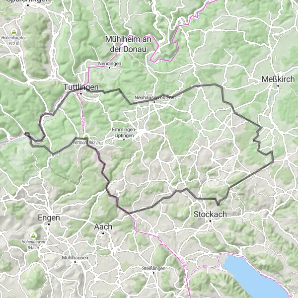 Map miniature of "The Tuttlingen Loop" cycling inspiration in Freiburg, Germany. Generated by Tarmacs.app cycling route planner