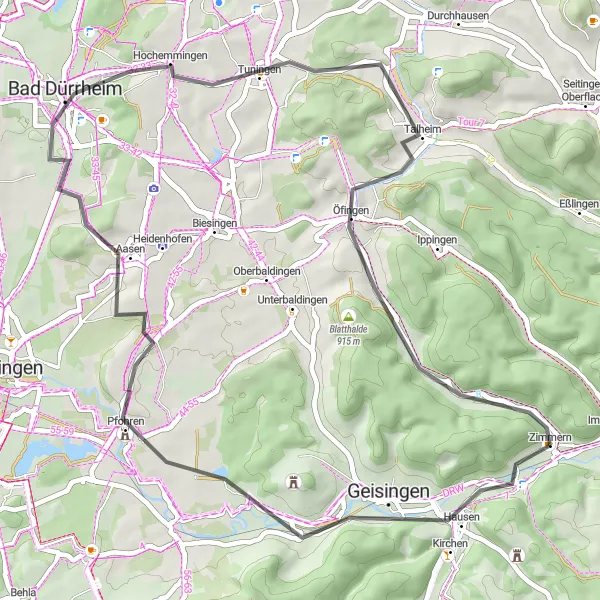 Karten-Miniaturansicht der Radinspiration "Geisingen und Amtenhauser Berg Rundtour" in Freiburg, Germany. Erstellt vom Tarmacs.app-Routenplaner für Radtouren