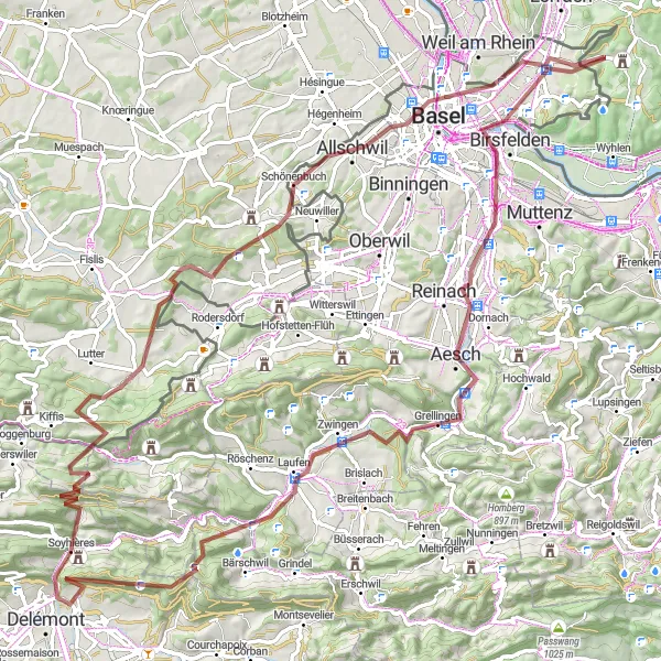 Karten-Miniaturansicht der Radinspiration "Münchenstein und Allschwil Gravel Route" in Freiburg, Germany. Erstellt vom Tarmacs.app-Routenplaner für Radtouren