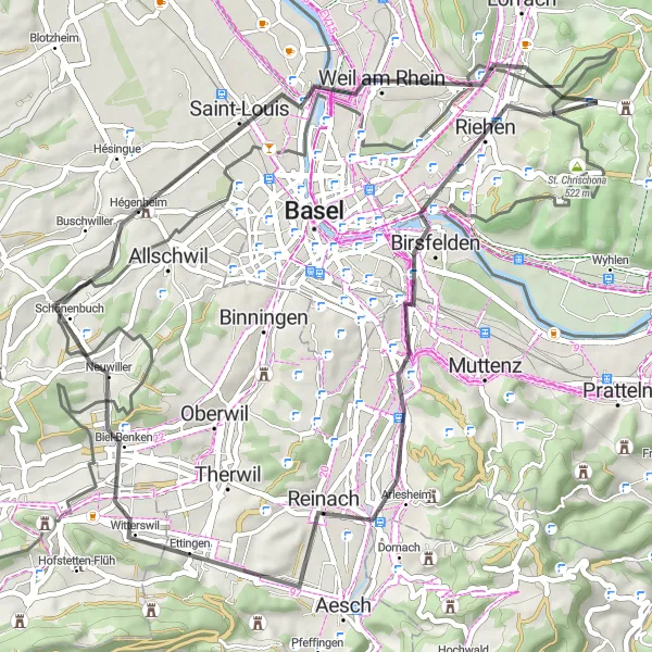 Map miniature of "Three Country Loop" cycling inspiration in Freiburg, Germany. Generated by Tarmacs.app cycling route planner