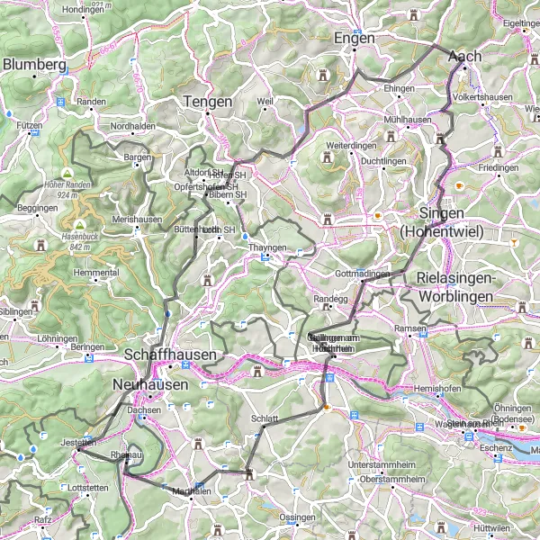 Map miniature of "Rhine Falls Exploration" cycling inspiration in Freiburg, Germany. Generated by Tarmacs.app cycling route planner