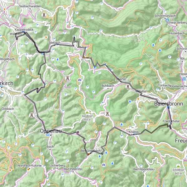 Karten-Miniaturansicht der Radinspiration "Herausfordernde Road-Tour um Kappelrodeck" in Freiburg, Germany. Erstellt vom Tarmacs.app-Routenplaner für Radtouren