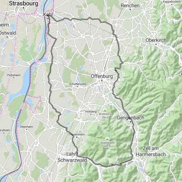 Karten-Miniaturansicht der Radinspiration "Radtour durch die Ortenau" in Freiburg, Germany. Erstellt vom Tarmacs.app-Routenplaner für Radtouren
