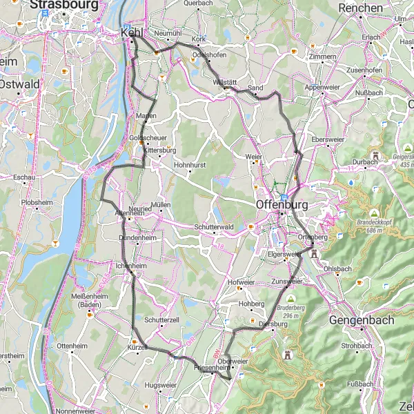 Karten-Miniaturansicht der Radinspiration "Durch die Ortenau" in Freiburg, Germany. Erstellt vom Tarmacs.app-Routenplaner für Radtouren