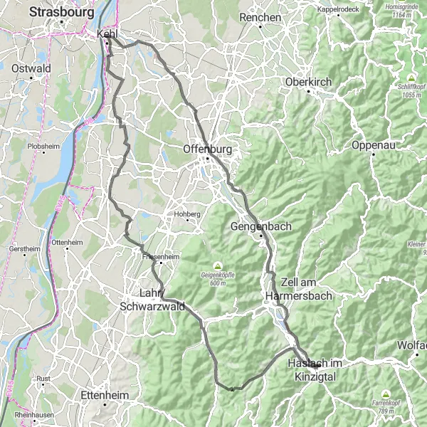 Karten-Miniaturansicht der Radinspiration "Herausfordernde Runde um Offenburg" in Freiburg, Germany. Erstellt vom Tarmacs.app-Routenplaner für Radtouren