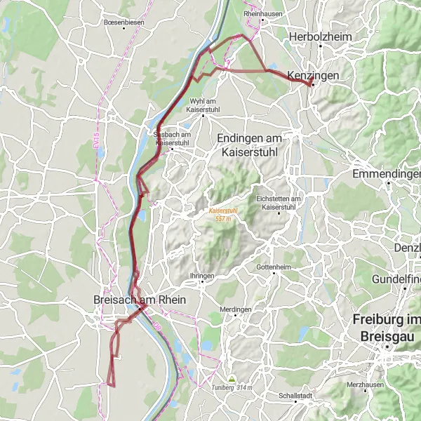 Map miniature of "Gravel Adventure through Kenzingen and Beyond" cycling inspiration in Freiburg, Germany. Generated by Tarmacs.app cycling route planner