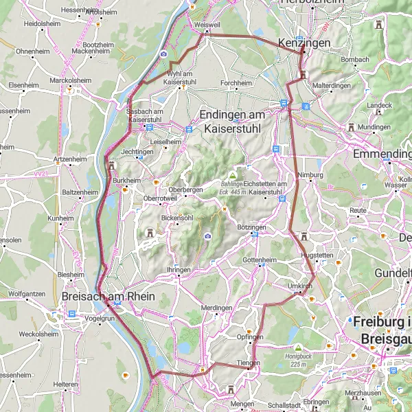 Map miniature of "Adventurous Gravel Ride along the Kaiserstuhl" cycling inspiration in Freiburg, Germany. Generated by Tarmacs.app cycling route planner