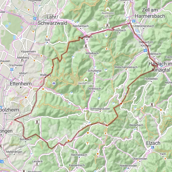 Map miniature of "The Gravel Adventure" cycling inspiration in Freiburg, Germany. Generated by Tarmacs.app cycling route planner