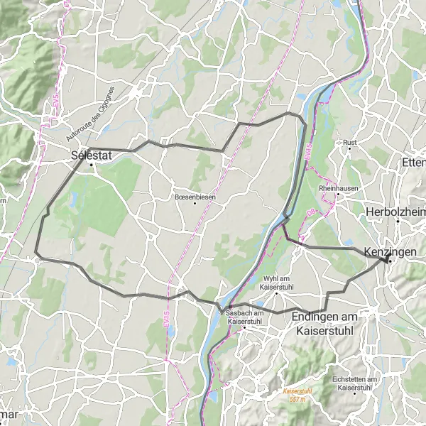 Map miniature of "Scenic Road Cycling through Guémar and Weisweil" cycling inspiration in Freiburg, Germany. Generated by Tarmacs.app cycling route planner