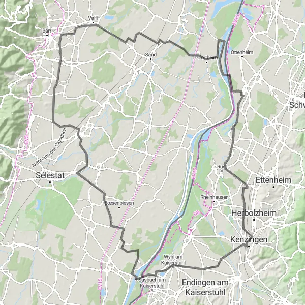 Map miniature of "The Road Cycling Escape" cycling inspiration in Freiburg, Germany. Generated by Tarmacs.app cycling route planner