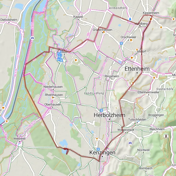 Karten-Miniaturansicht der Radinspiration "Gravelabenteuer um Mahlberg" in Freiburg, Germany. Erstellt vom Tarmacs.app-Routenplaner für Radtouren