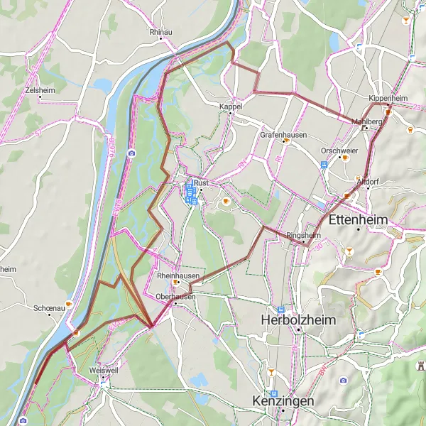 Karten-Miniaturansicht der Radinspiration "Gravel Tour durch Ringsheim, Oberhausen und Mahlberg" in Freiburg, Germany. Erstellt vom Tarmacs.app-Routenplaner für Radtouren