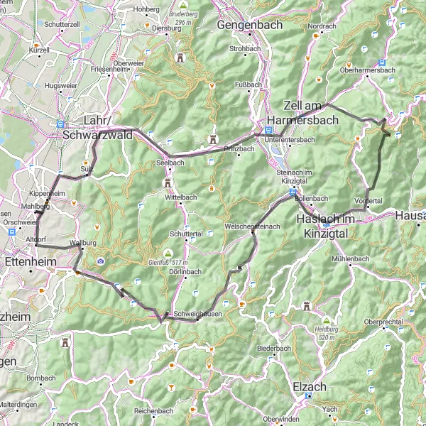 Karten-Miniaturansicht der Radinspiration "Lützelhard und Himmelsberg" in Freiburg, Germany. Erstellt vom Tarmacs.app-Routenplaner für Radtouren