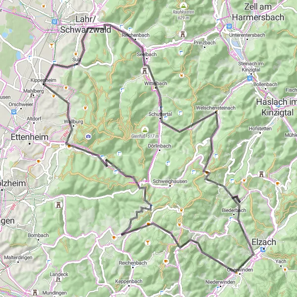 Karten-Miniaturansicht der Radinspiration "Road-Tour durch Lahr/Schwarzwald, Wittelbach und Ettenheimmünster" in Freiburg, Germany. Erstellt vom Tarmacs.app-Routenplaner für Radtouren