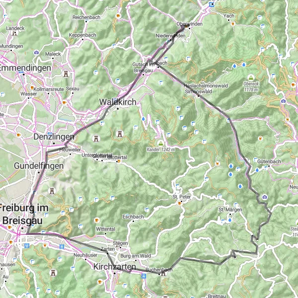 Map miniature of "Road Cycling Delight" cycling inspiration in Freiburg, Germany. Generated by Tarmacs.app cycling route planner