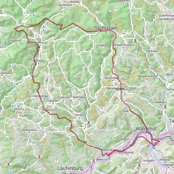 Map miniature of "Hidden Gems of the Southern Black Forest" cycling inspiration in Freiburg, Germany. Generated by Tarmacs.app cycling route planner