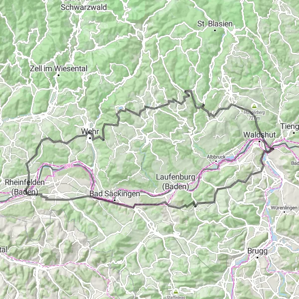 Map miniature of "Through the Rhine Valley and the Black Forest" cycling inspiration in Freiburg, Germany. Generated by Tarmacs.app cycling route planner