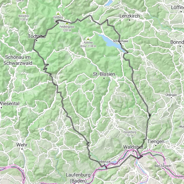 Map miniature of "The Koblenz and Black Forest Loop" cycling inspiration in Freiburg, Germany. Generated by Tarmacs.app cycling route planner