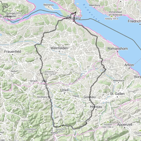 Karten-Miniaturansicht der Radinspiration "Bodensee Straßentour" in Freiburg, Germany. Erstellt vom Tarmacs.app-Routenplaner für Radtouren